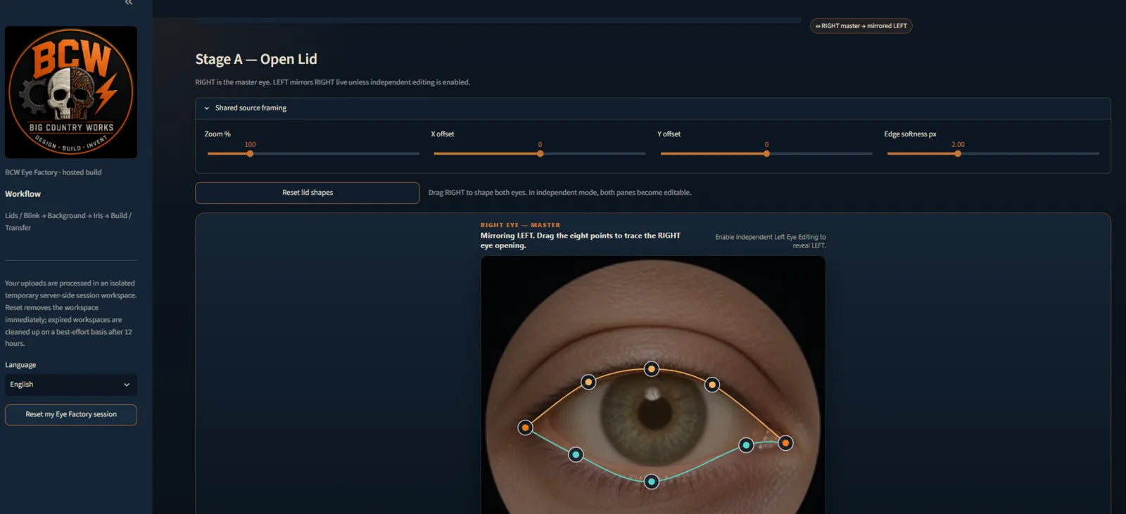 Actual BCW Eye Factory interface for editing a Lid and Blink eye asset