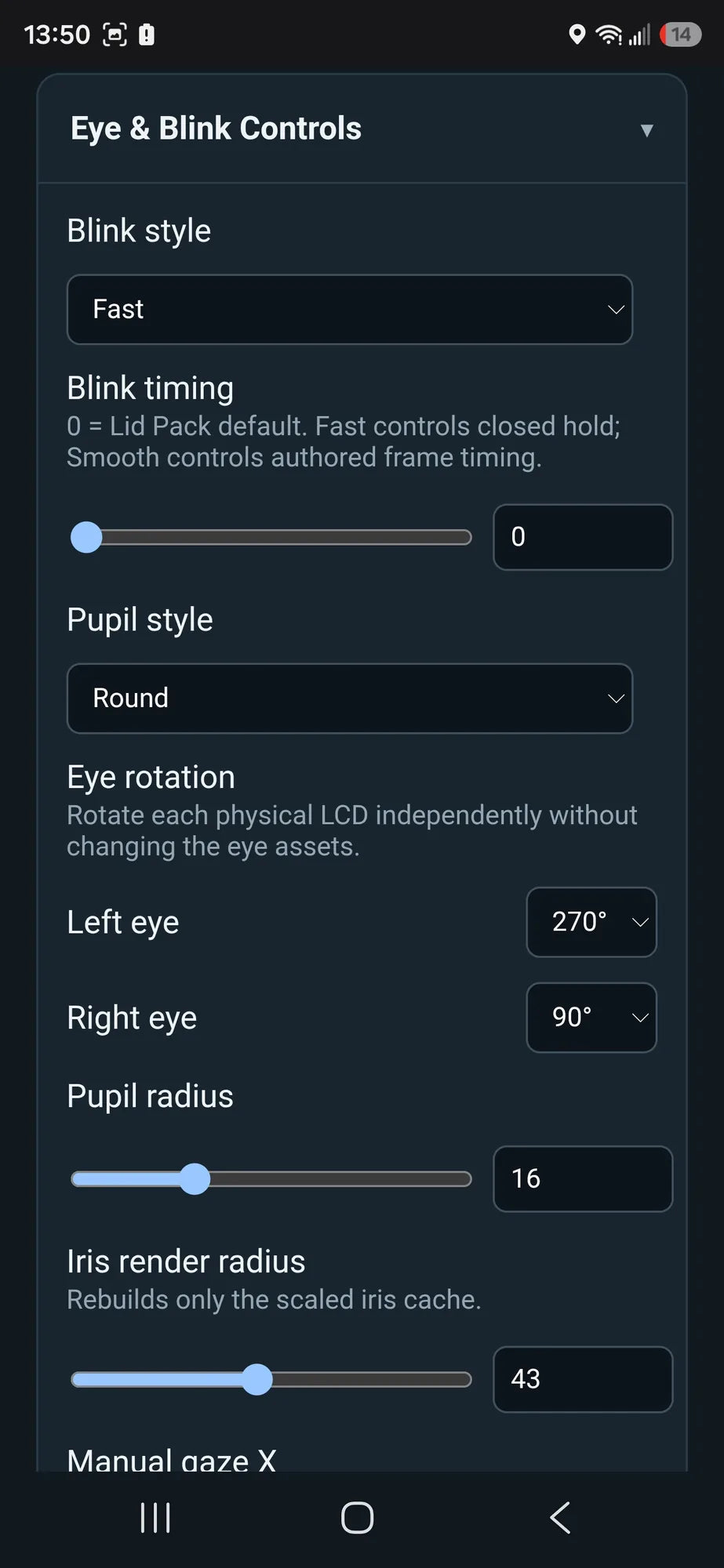 Actual Skully local Web UI showing blink, pupil, eye rotation, and iris controls