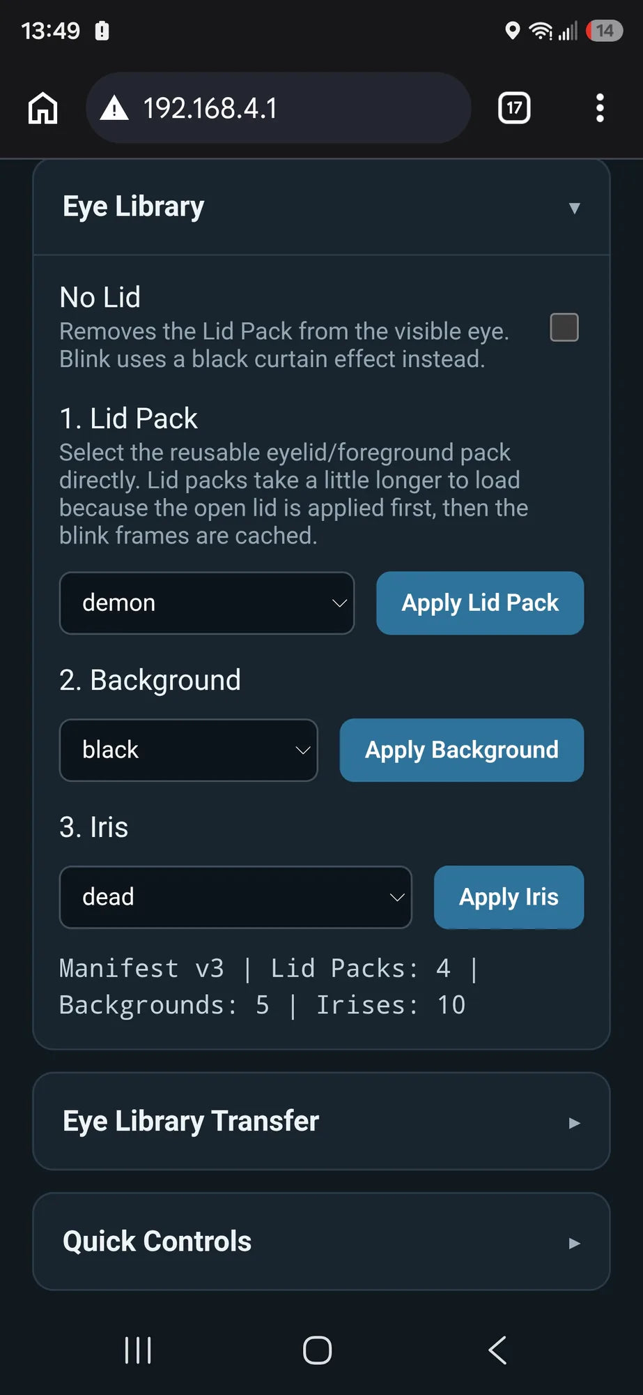 Actual Skully local Web UI showing installed Lid, Background, and Iris library controls