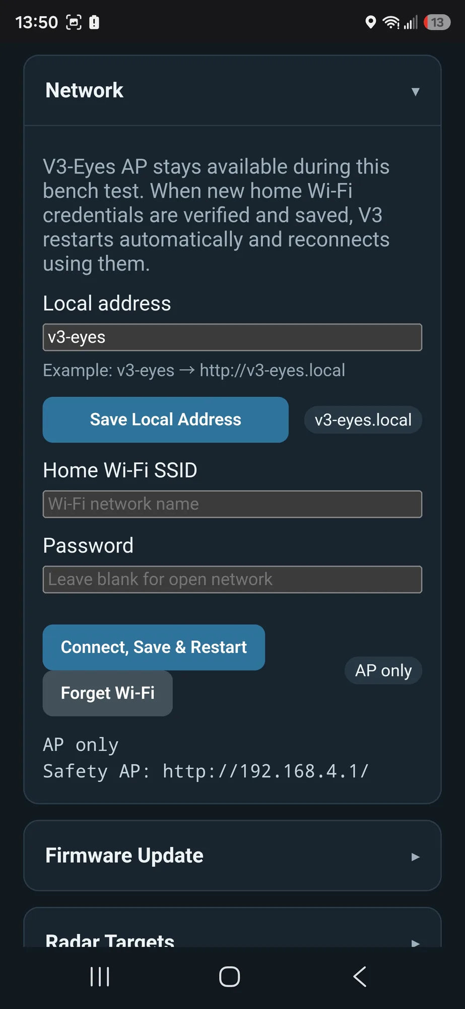 Actual Skully local Web UI showing local hostname, home network, and access point controls