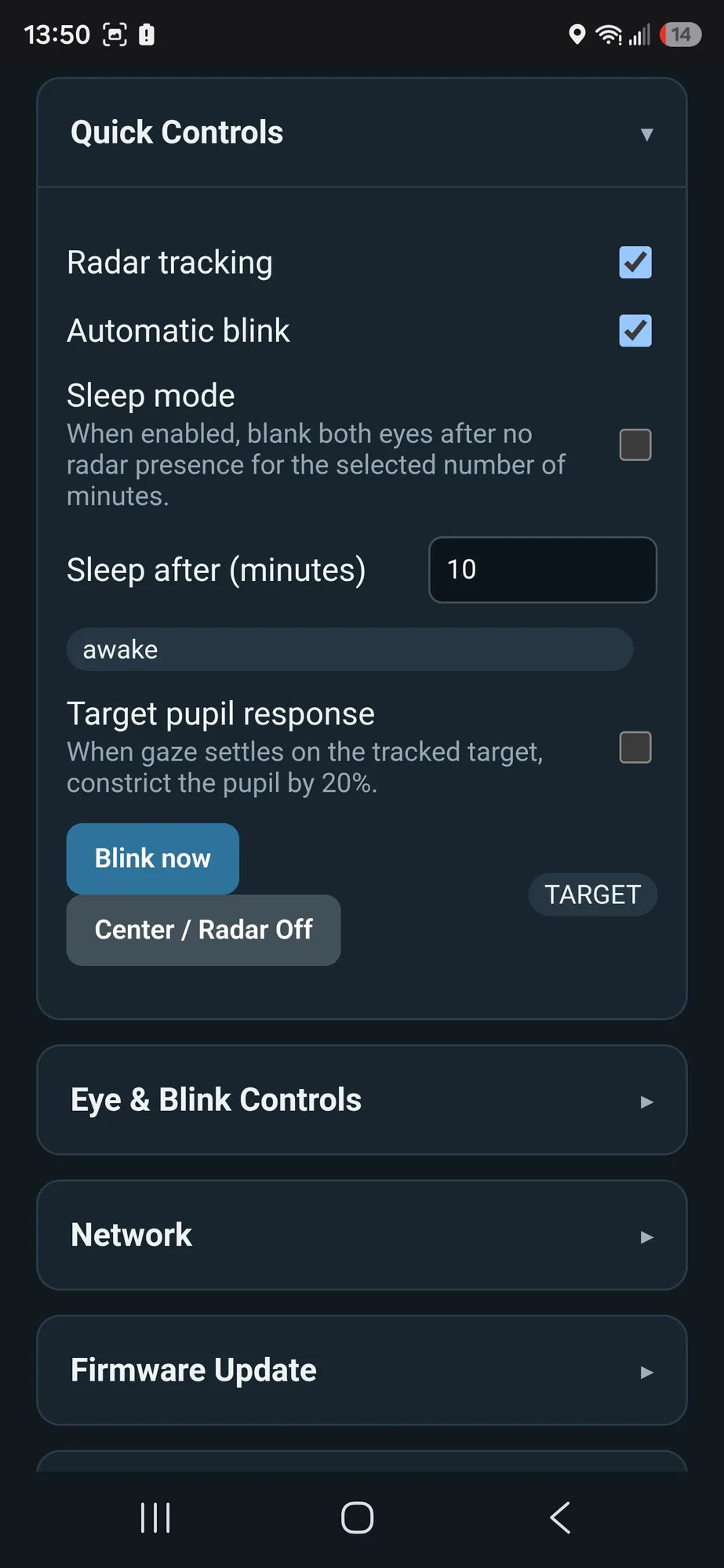 Actual Skully local Web UI showing radar, blink, and sleep quick controls